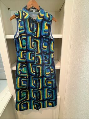 Boden Geometric Print Sleeveless Button Front Shirt Dress Blue Yellow Green 6L